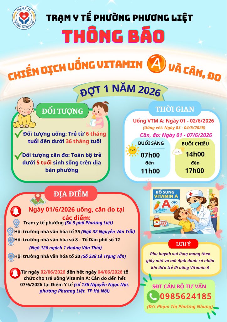 TRẠM Y TẾ PHƯỜNG PHƯƠNG LIỆT THÔNG BÁO LỊCH UỐNG BỔ SUNG VITAMIN A ĐỢT I VÀ CÂN ĐO CHO TRẺ DƯỚI 5 TUỔI NĂM 2026
