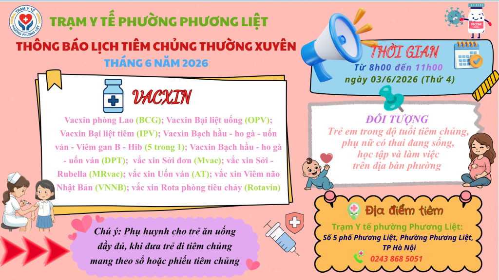 Thông báo Lịch tiêm chủng thường xuyên tháng 6 năm 2026