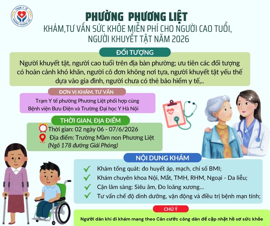 Trạm Y tế phường Phương Liệt Thông báo Chương trình Khám, Tư vấn sức khỏe miễn phí cho Người cao tuổi và Người khuyết tật năm 2026 🍀