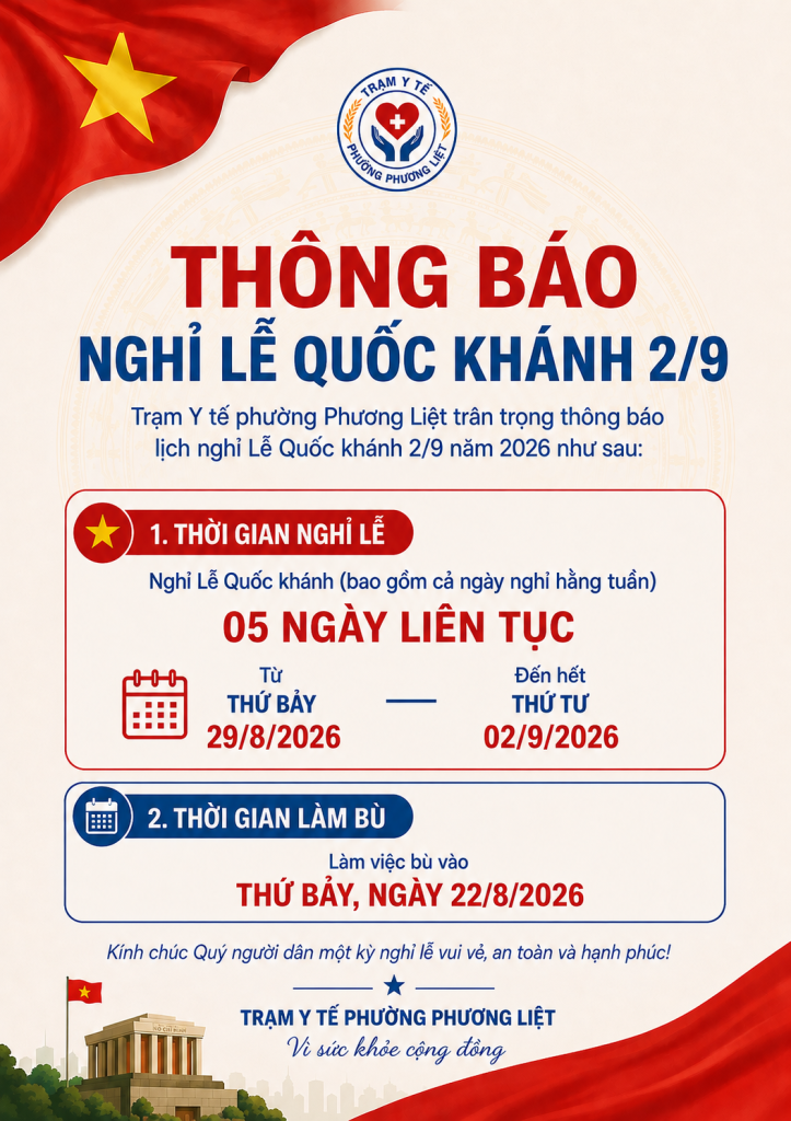 Trạm Y tế phường Phương Liệt thông báo lịch nghỉ Lễ Quốc khánh 2/9/2026
