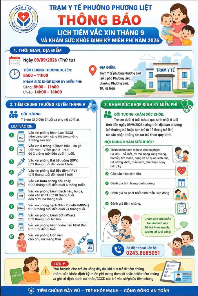 Trạm Y tế phường Phương Liệt thông báo lịch tiêm chủng thường xuyên tháng 9/2026 và lịch khám sức khỏe  định kỳ miễn phí