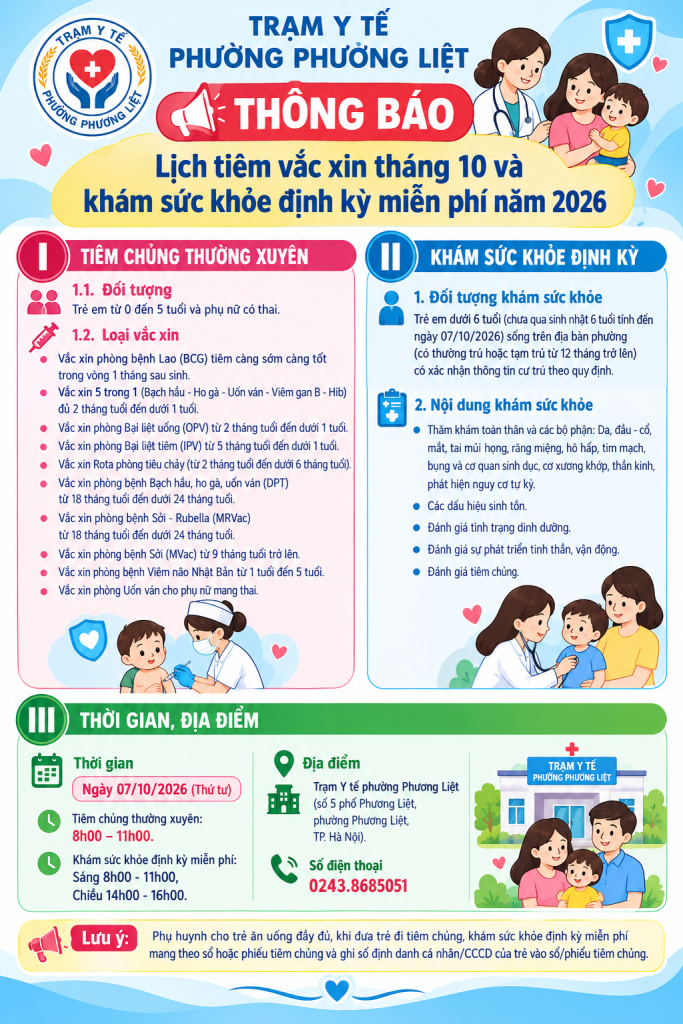 Trạm Y tế phường Phương Liệt Thông báo Lịch tiêm vacxin tháng 10 và khám sức khỏe định kỳ miễn phí năm 2026 🩺